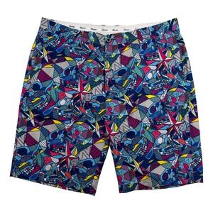 Hreski Golf Shorts Mens 38 Multicolor Geometric Skull Flat Front Stretch Casual
